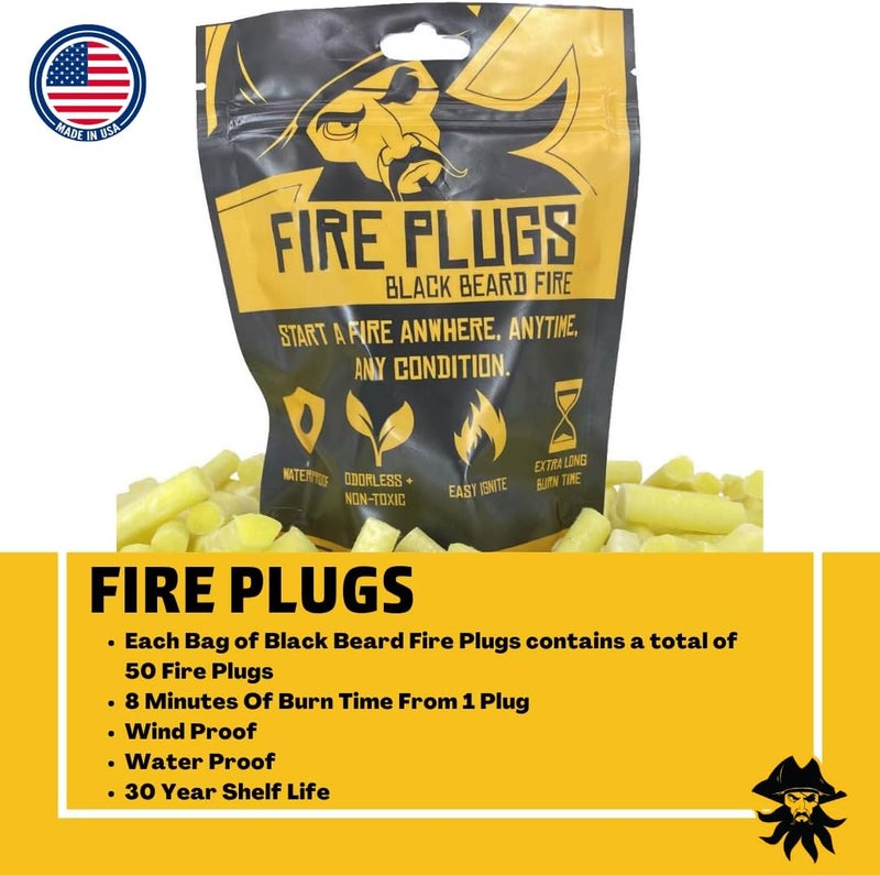 Black Beard Fire Starter Black Beard Fire Plugs (50 Plugs) | 100% Weatherproof Fire Starter for Campfires | Can Light 50+ Fires | Extra Long Burn Time | 30 Yr Shelf Life for Emergency Survival Kits | Made in USA, Yellow - Image 5